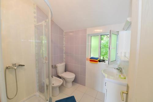 e bagno con servizi igienici, doccia e lavandino. di Apartment's Belvedere a Kotor (Cattaro)