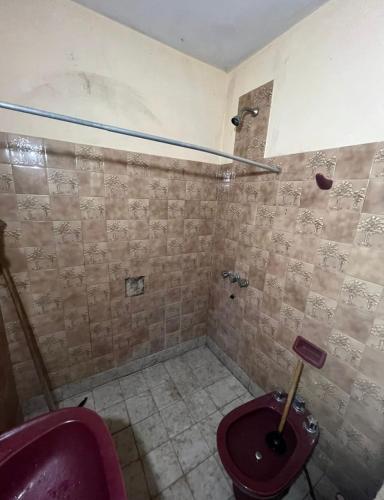 baño con aseo púrpura y lavamanos en La roka gym casa, en San Salvador de Jujuy