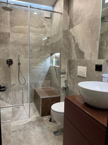 een badkamer met een douche, een wastafel en een toilet bij Fox Apartments in Tirana