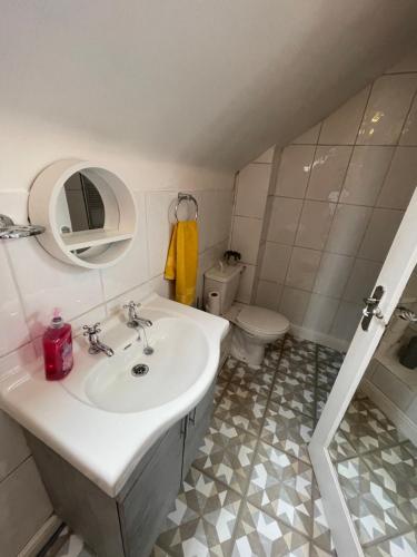 a bathroom with a sink and a toilet at 1 bed flat at Drum Street in Edinburgh