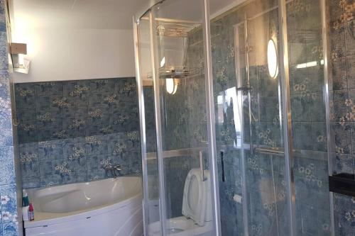 a bathroom with a shower and a tub and a toilet at Large House in Central Stavanger in Stavanger