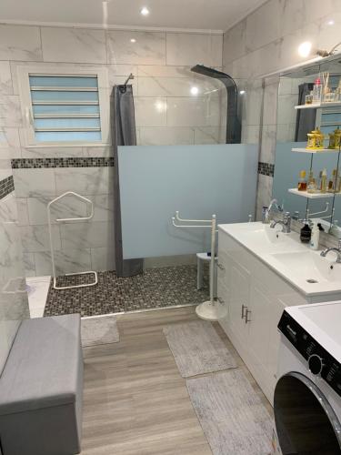 ラ・プレンヌ・デ・パルミストにあるVilla Lilianeのシャワー、洗面台、トイレ付きのバスルーム