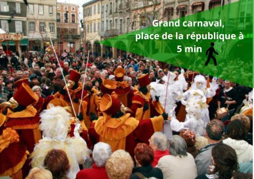 a crowd of people dressed in costumes in a parade at Le Limouxin jungle Wifi, petit balcon *Oc Keys in Limoux