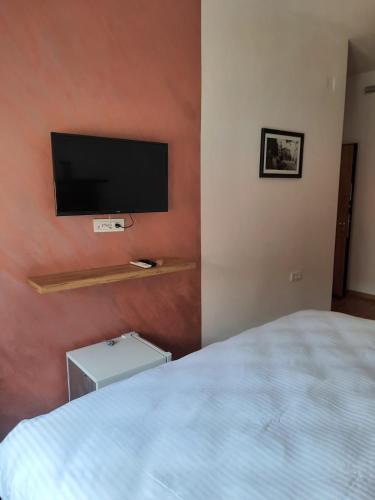 a bedroom with a bed and a flat screen tv at Fruškogorski biser in Sremski Karlovci