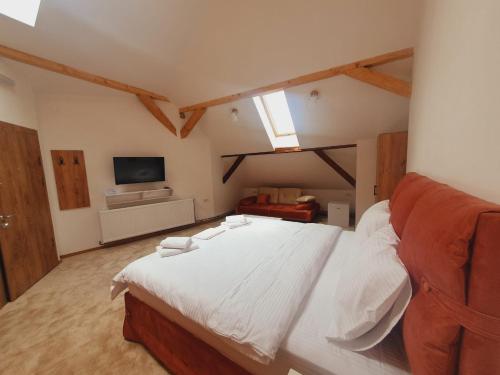 a bedroom with a large bed and a tv at Fruškogorski biser in Sremski Karlovci