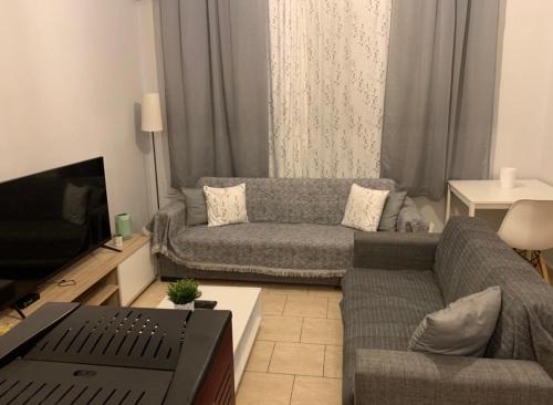 un soggiorno con divano e TV di Apartment Stefos a Néa Zíkhni