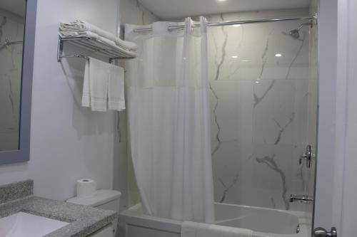 een badkamer met een douche en een douchegordijn bij Sauble Beach Lodge in Sauble Beach