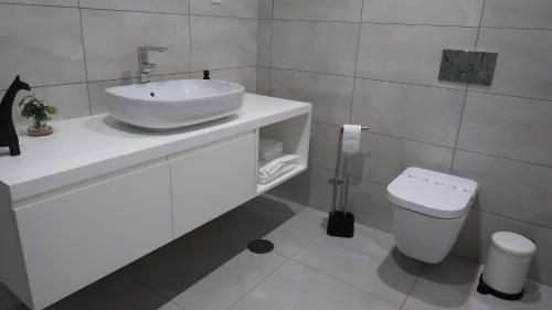 Baño blanco con lavabo y aseo en SottoMayor Best Residence, en Figueira da Foz