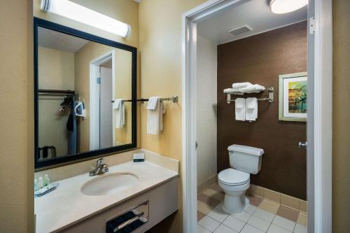 La salle de bains est pourvue d'un lavabo, de toilettes et d'un miroir. dans l'établissement Quality Inn & Suites Bozeman, à Bozeman