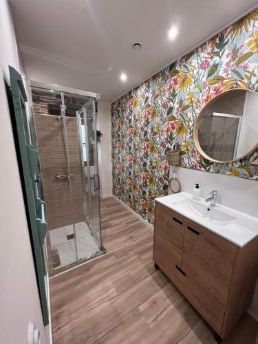 a bathroom with a shower and a sink and a mirror at El Rincón del Val in Priaranza del Bierzo