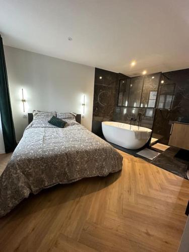 - une chambre avec un grand lit et une baignoire dans l'établissement Gîte Liberta - Equipé d'une balneo entre Dinan et St Malo, à Saint-Pierre-de-Plesguen