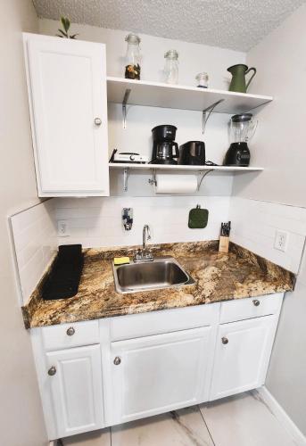 a kitchen with white cabinets and a sink at Adorable Mini Suite in Tampa in Tampa