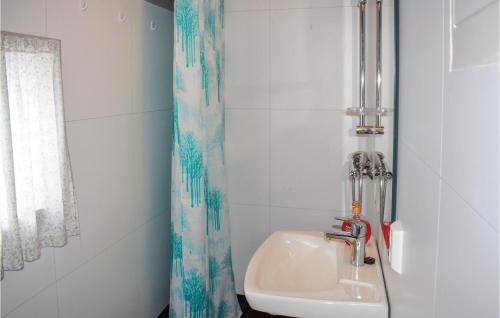 a bathroom with a sink and a shower curtain at Nice Home In Rauland With Kitchen in Rauland