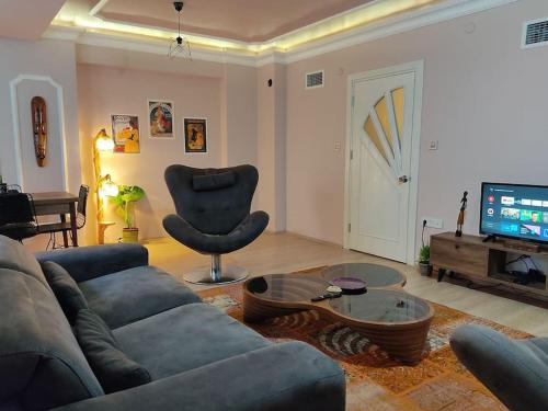 a living room with a couch and a chair and a television at Cozy 1+1 and garden, in center of İstanbul in Istanbul