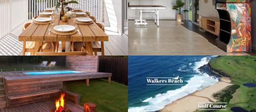 a collage of photos with a table and a beach at The White Haven of Gerringong in Gerringong