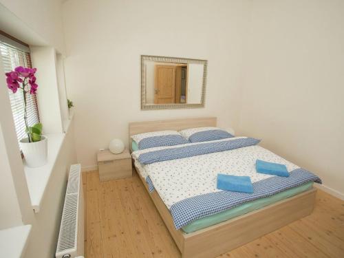 um quarto com uma cama com um espelho na parede em Spacious chalet in residential area, modern, luxury interior, large terrace em Harrachov