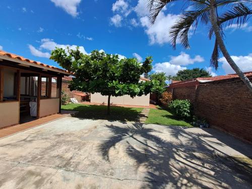 a driveway with a palm tree in front of a house at Sur Backpackers in Santa Cruz de la Sierra