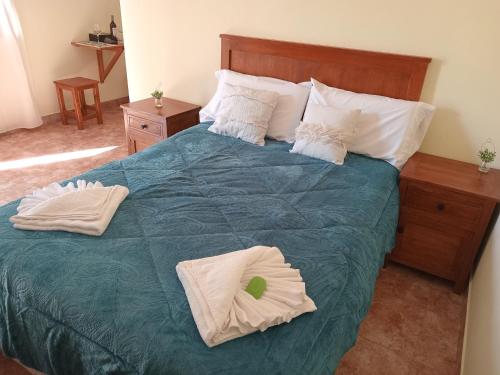 a bedroom with a large bed with two pillows on it at El Tonel in Cafayate