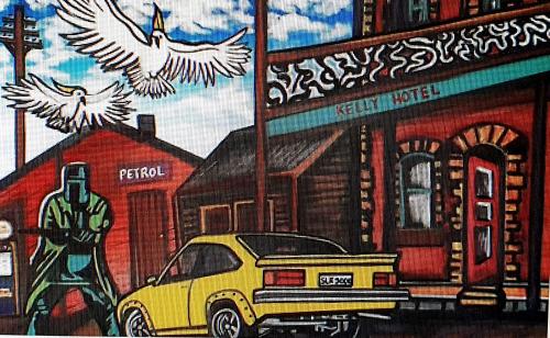 a painting of a yellow car parked in front of a restaurant at Bowral Road Art Gallery Bed and Breakfast in Mittagong