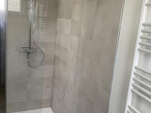 une salle de bain avec une douche avec une porte vitrée dans l'établissement Maison rénovée à Moulins avec jardin et véranda - FR-1-489-469, à Moulins