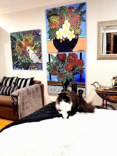 a black and white cat laying on top of a bed at Bowral Road Art Gallery Bed and Breakfast in Mittagong