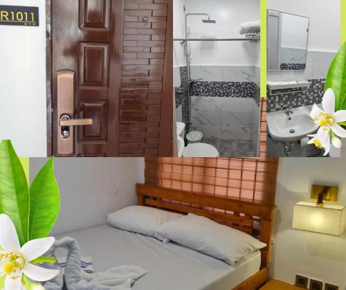 Zimmer mit einem Bett und einem Bad mit einem Waschbecken in der Unterkunft BTH Traveller's Home in Balanga