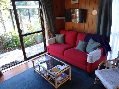a living room with a red couch and a tv at Theo's Cottage in Waikanae