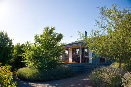 a small blue house in the middle of trees at Eastern View Studio in Daylesford