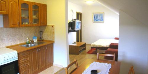 a kitchen with a sink and a living room at House Sekulic in Grabovac