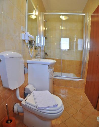 a bathroom with a toilet and a shower and a sink at Villa Bakica in Trogir