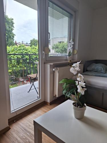 a room with a bed and a table and a window at Guesthouse Flower in Ljubljana