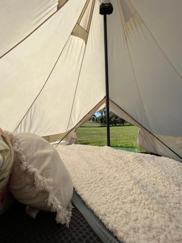 ein großes weißes Zelt mit einem weißen Teppich davor in der Unterkunft Cosy Glamping Tent 3 in Ararat
