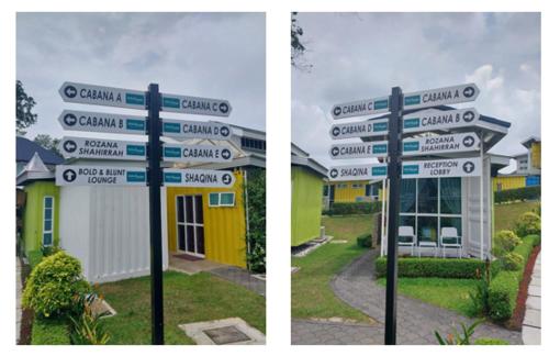 duas fotos de uma placa de rua em frente a um edifício em Solesor Kampong Beach Resort em Porto Dickson