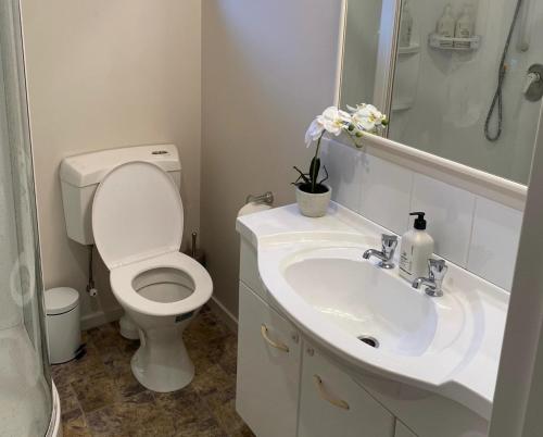 a white bathroom with a toilet and a sink at Frankton Favourite - Queenstown Holiday Home in Queenstown