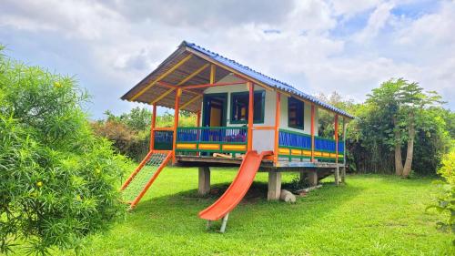 a small house with a slide in the grass at Finca Nuevo Monarca in Pereira
