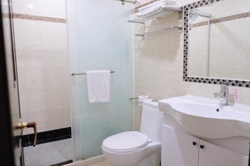 a bathroom with a toilet and a sink and a shower at Hoping Mori Hotel in Heping
