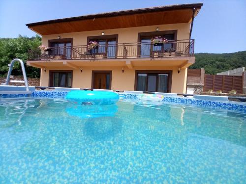 a large swimming pool in front of a house at Cabana BRO Clisura Dunarii in Liborajdea