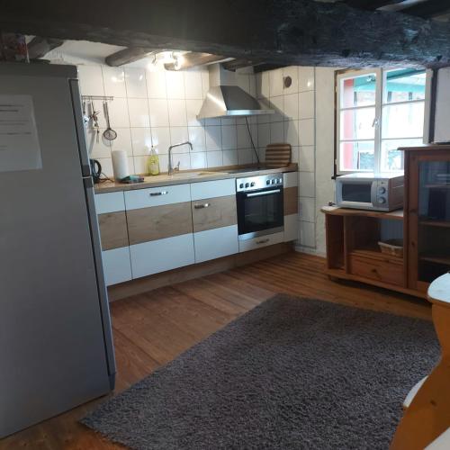 a kitchen with a stove and a microwave at Ferienhof Schmickerath in Simmerath