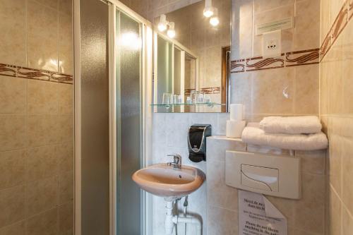 ein Bad mit einem Waschbecken und einer Glasdusche in der Unterkunft L'abbatiale in Corbie