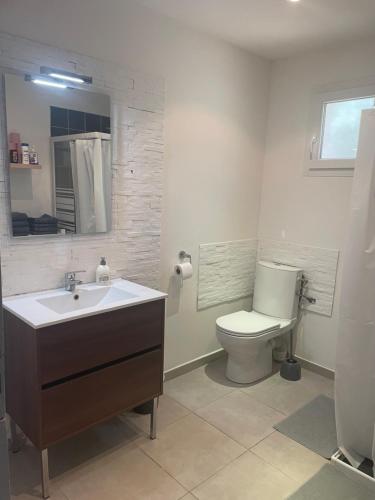 a bathroom with a sink and a toilet in it at Villa Le Luberon in Mérindol