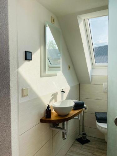 La salle de bains est pourvue d'un lavabo et de toilettes. dans l'établissement MariaDora, à Alter Graben