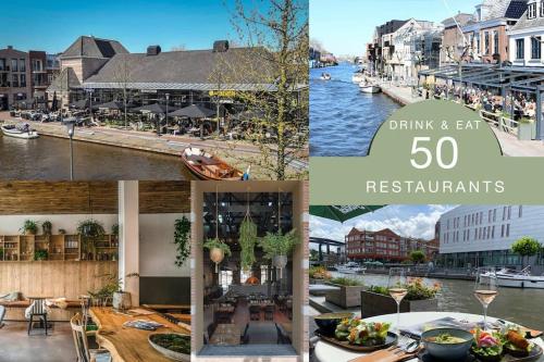 un collage de fotos de edificios y un río en Bijzonder stadshuis met diepe moderne tuin., en Alphen aan den Rijn