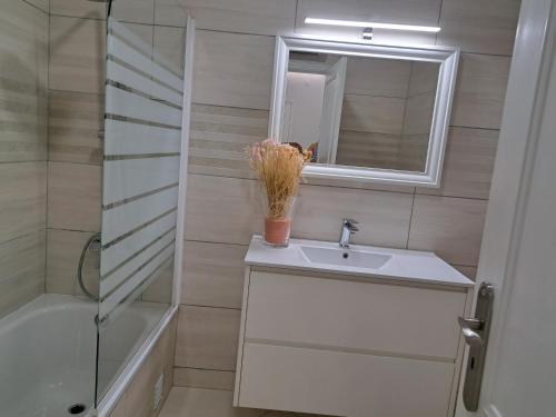 a bathroom with a sink and a mirror and a shower at Zurrinha holidays in Quarteira