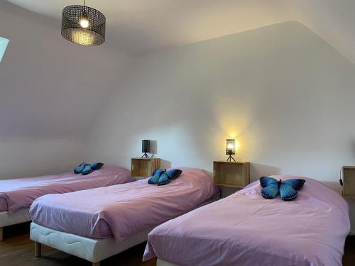 Habitación con 3 camas con almohadas azules. en Gites le Rucher de Kerillis, en Plouguiel