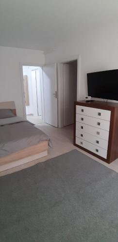 1 dormitorio con 1 cama y TV de pantalla plana en apartament, en Floreşti