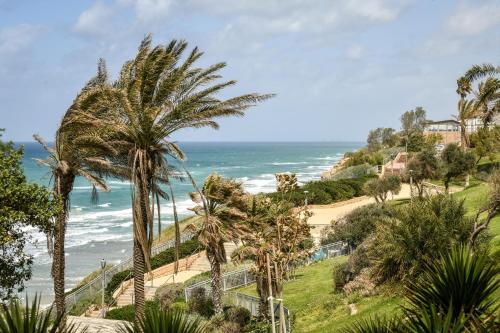 a view of a beach with palm trees and the ocean at Netanya Panoramic Sea-View Apt by Sea N' Rent in Netanya
