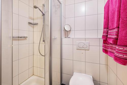 uma casa de banho com um chuveiro e um WC. em Hach em Sulzburg