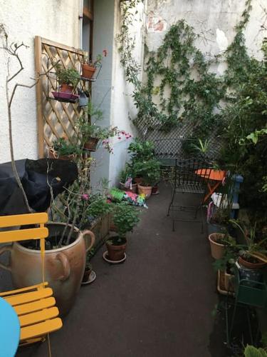 eine Terrasse mit einem Haufen Topfpflanzen und Stühlen in der Unterkunft Aux portes des Jeux Olympiques,Vincennes,un nid cosy in Vincennes