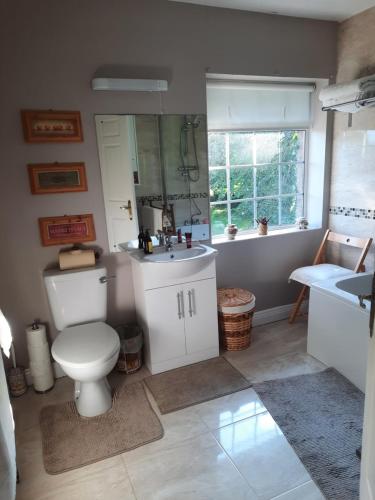 een badkamer met een toilet, een wastafel en een bad bij Butterhouse in Trim