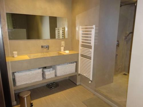 uma casa de banho com um lavatório, um espelho e um chuveiro em Villa familiale au coeur d'un village provençal em Sarrians
